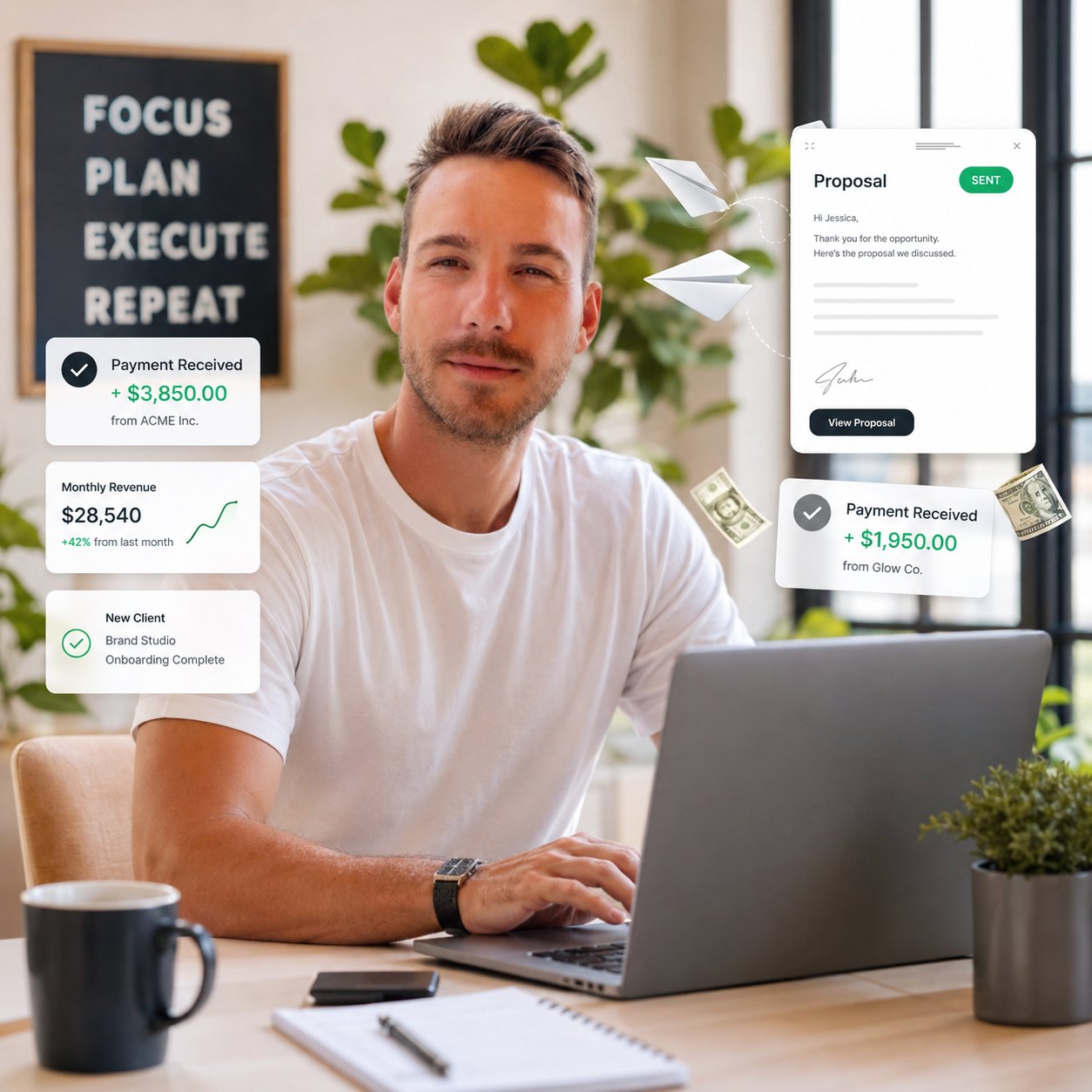 A founder sending a proposal moments after a call, with payments landing and revenue climbing
